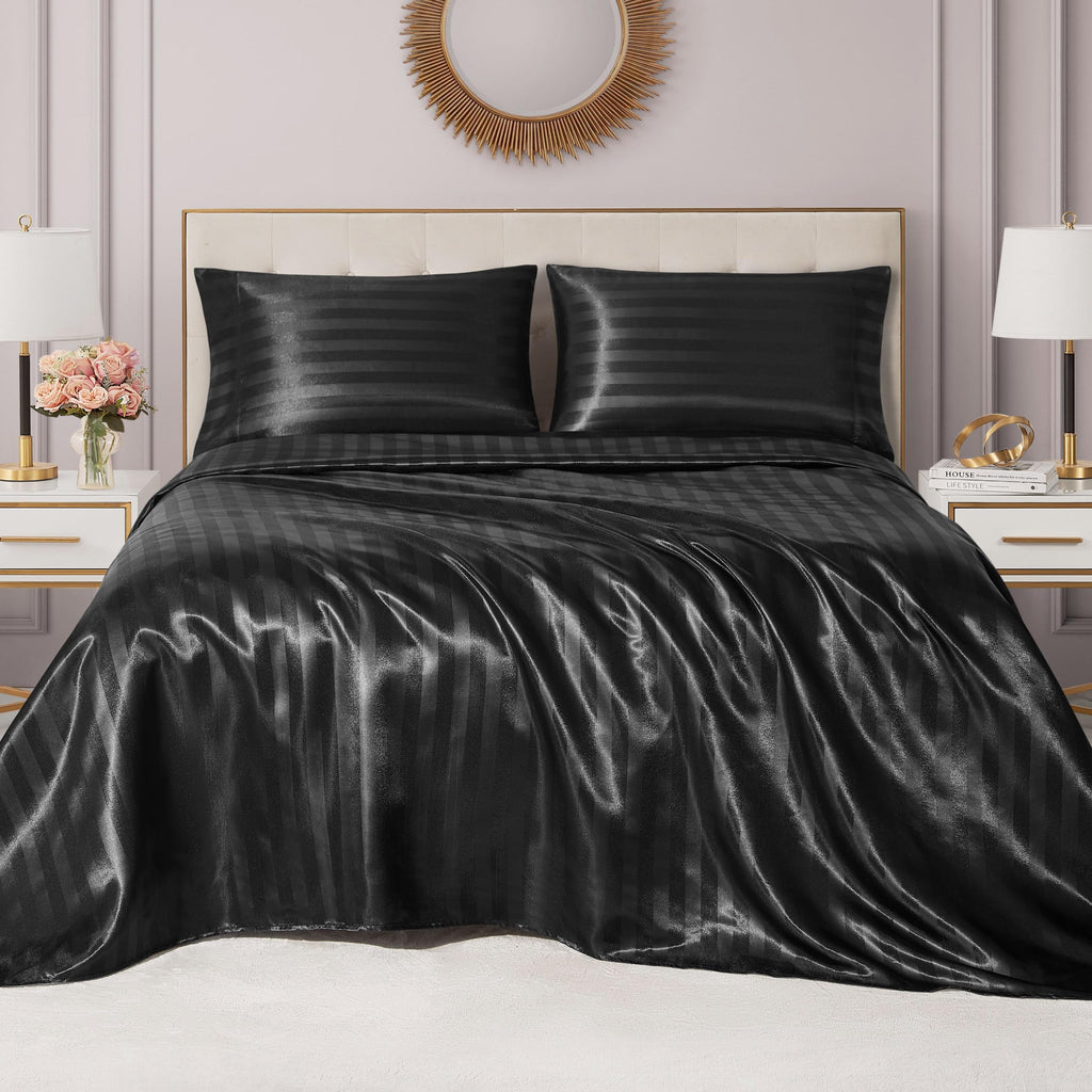 Juicy Couture Silky Satin Damask Sheet Set - Luxury Smooth Satin Striped Sheets