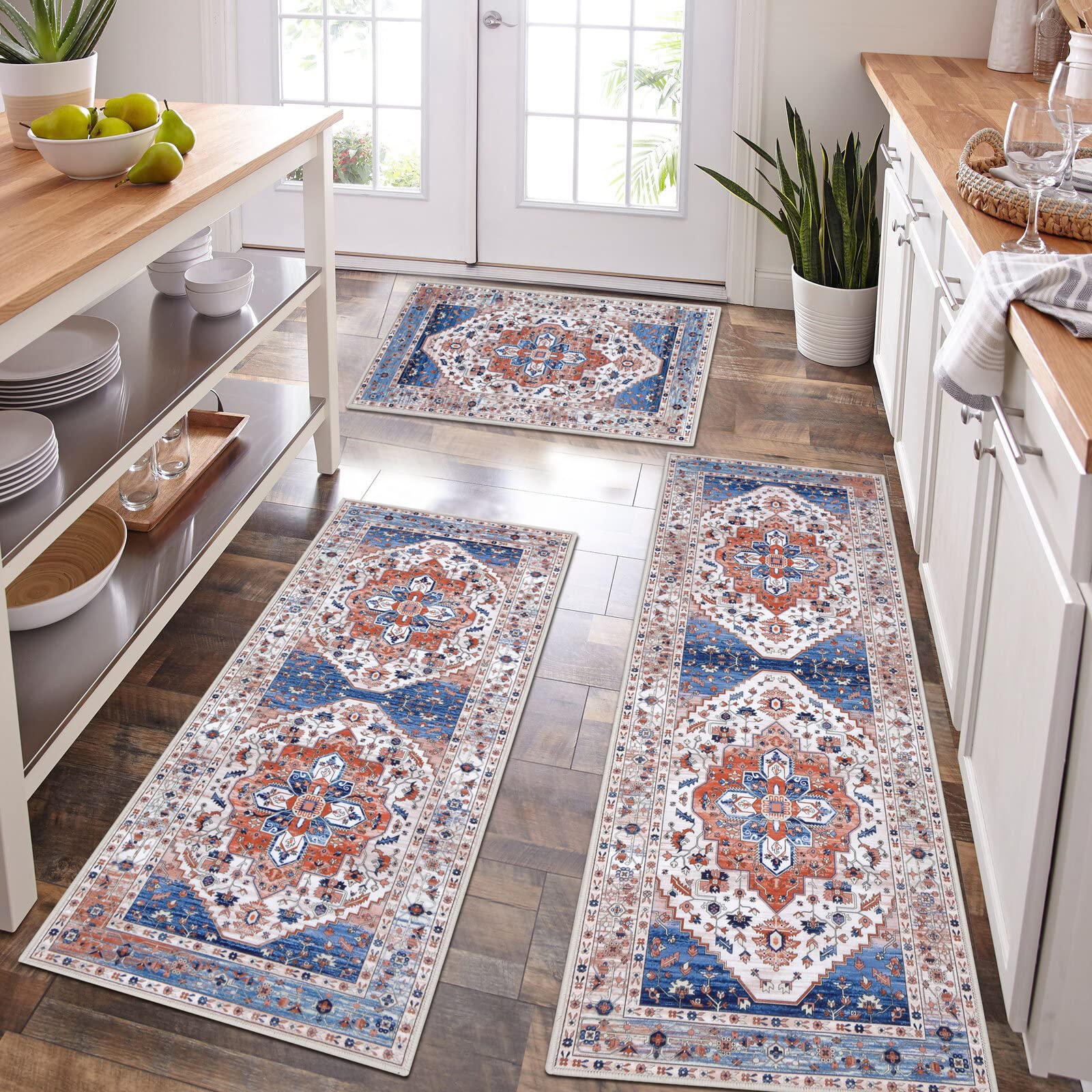 Thick Boho Kitchen Rug Sets 3 Piece with Runner Non Slip Kitchen Rugs and Mats Washable Kitchen Mats