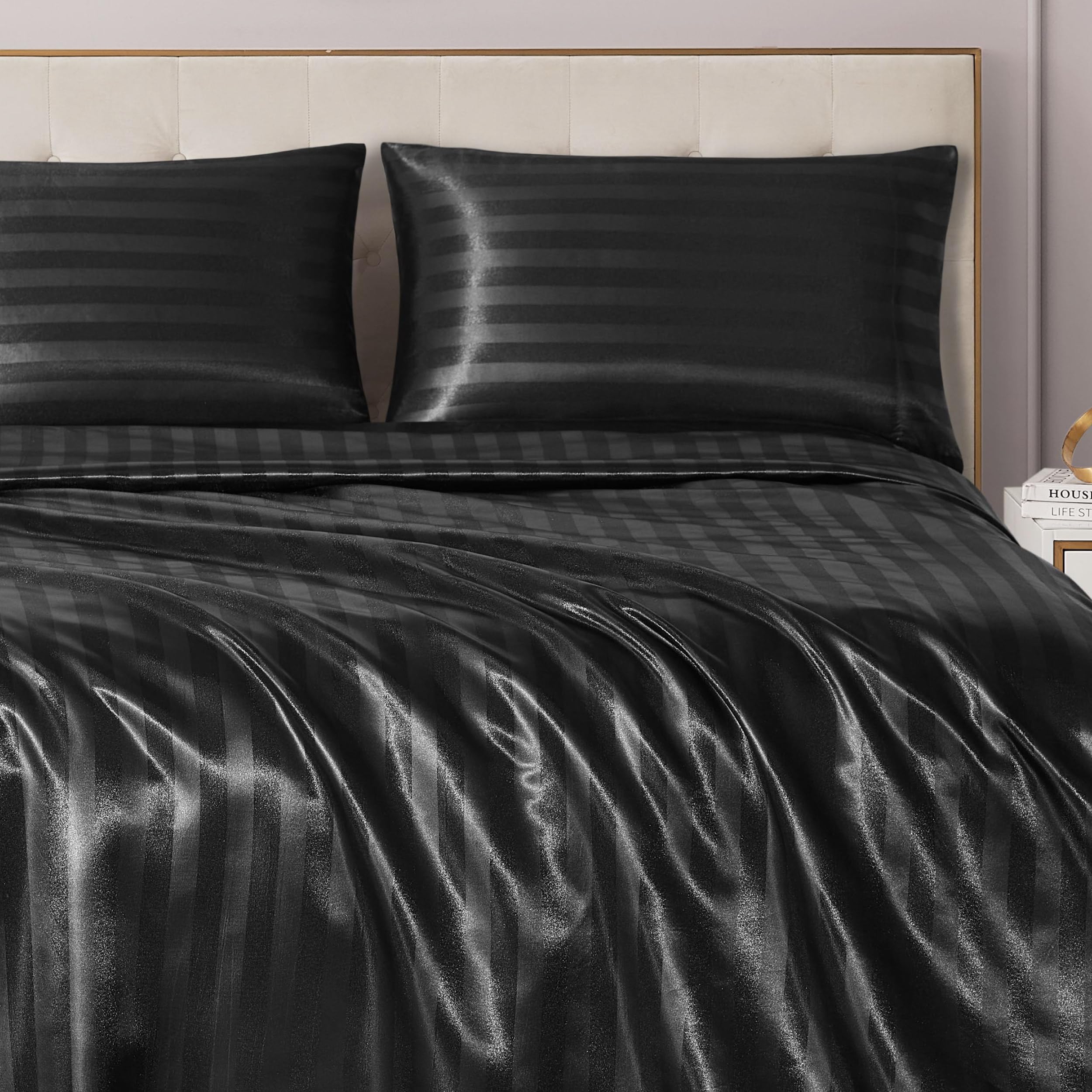 Juicy Couture Silky Satin Damask Sheet Set - Luxury Smooth Satin Striped Sheets