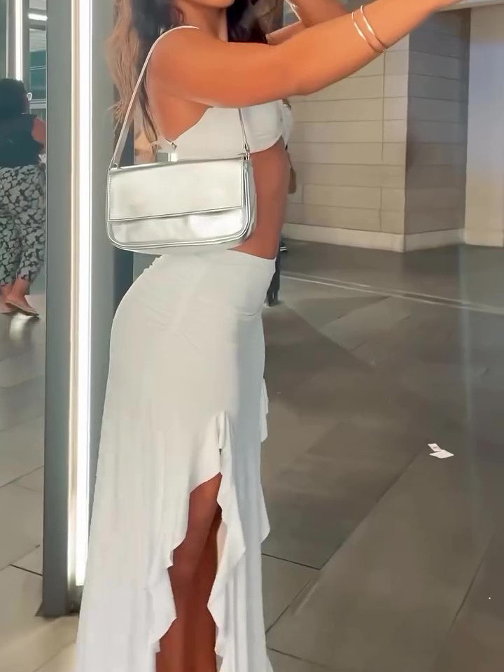 White Bandeau Top & Ruffled Slit Skirt Set