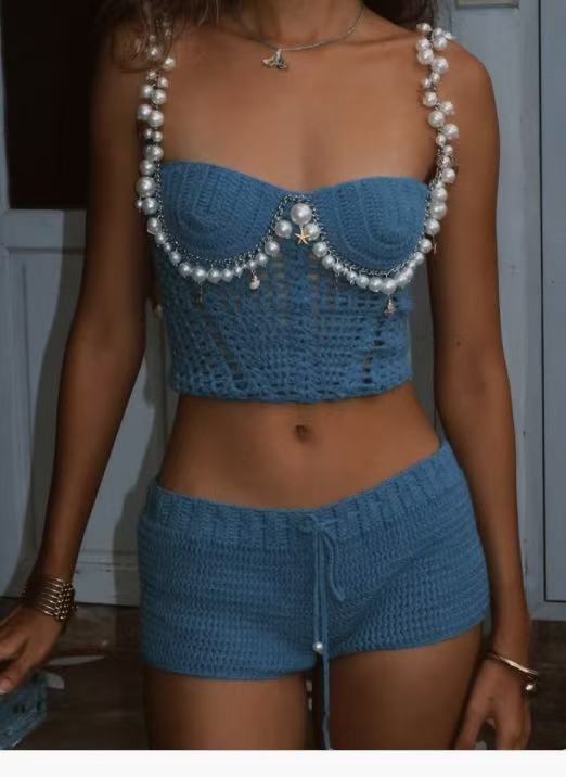 Sexy Solid Color Crop-top Spaghetti-strap Beading Top