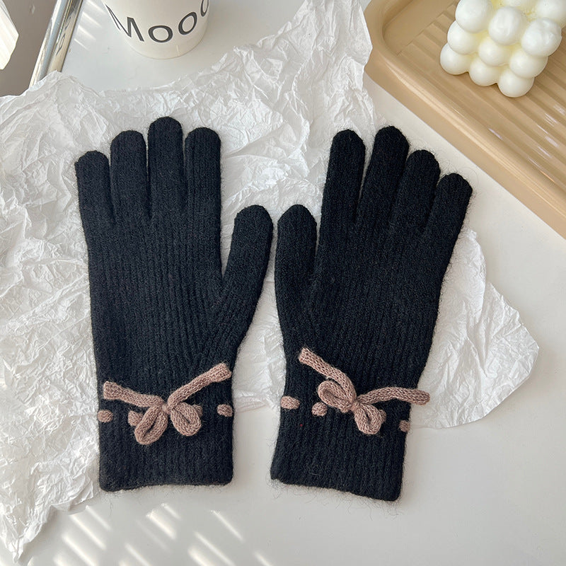 Winter New Bow Pure Color Warm Keeping Finger Gloves