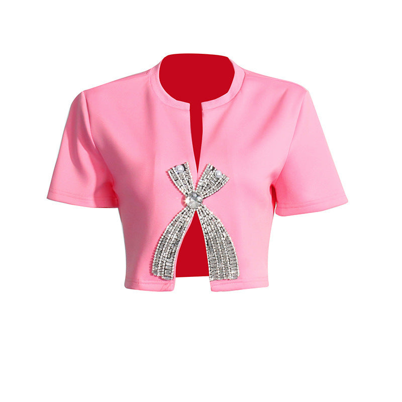 Simple Rhinestone Bow Short Sleeve T-shirt For Women