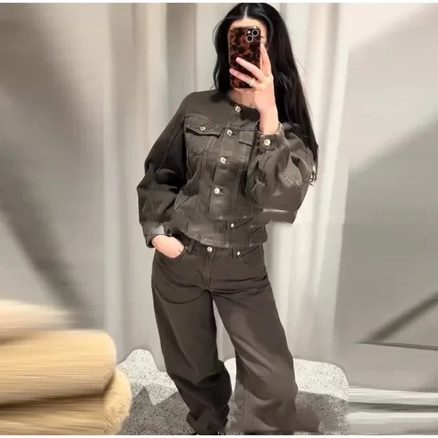 Single-breasted Denim Suit Wide-leg Pants