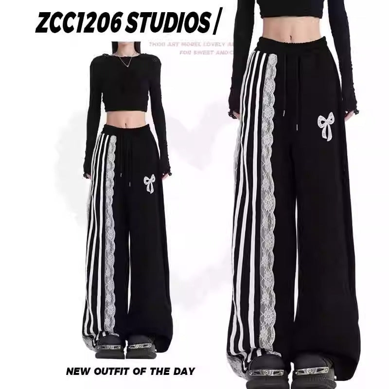 Striped Loose Blue Lace Bow Sports Pants Female