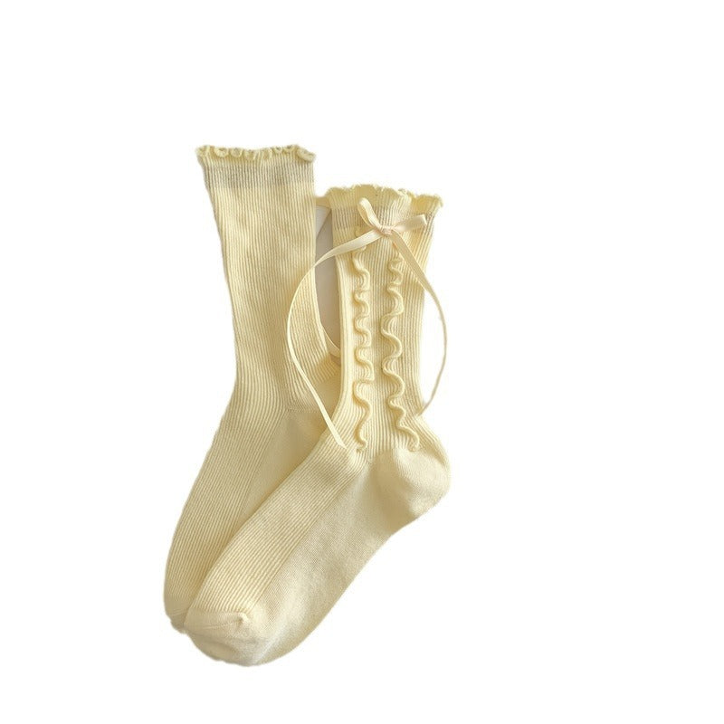 Girly Style Side Wooden Ear Bow Ribbon Female Middle Tube Socks