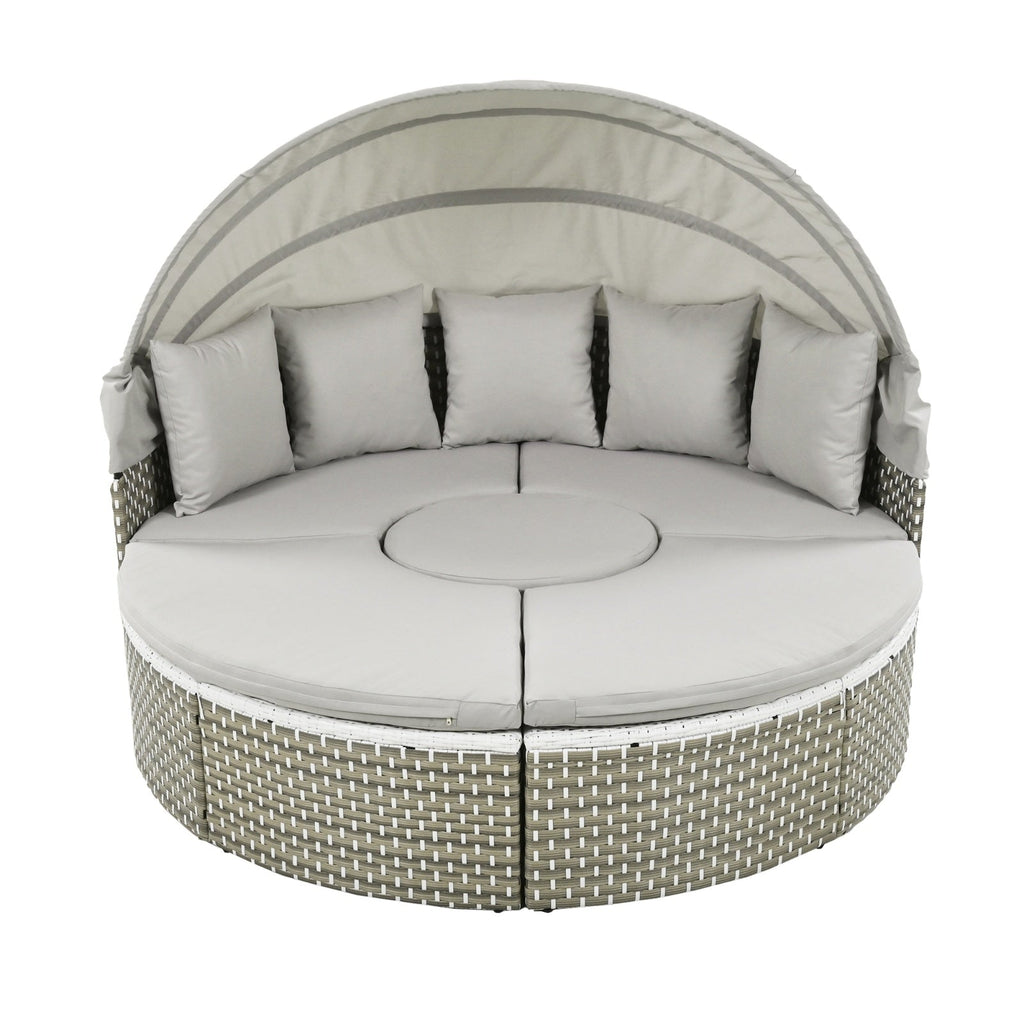 Patio Furniture Round Outdoor Sectional Sofa Set Rattan Daybed Two-Tone Weave Sunbed With Ret