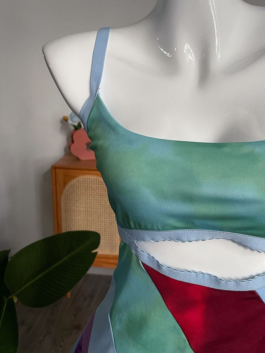 Sexy Y2K Aesthetic Patchwork Front Cut Out Stripe Spaghetti Strap Dress