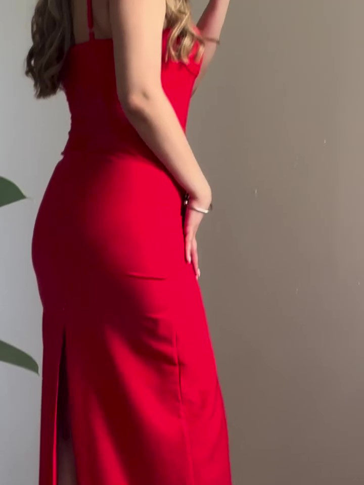 Red Sexy Back Slit Suspender Maxi Dress