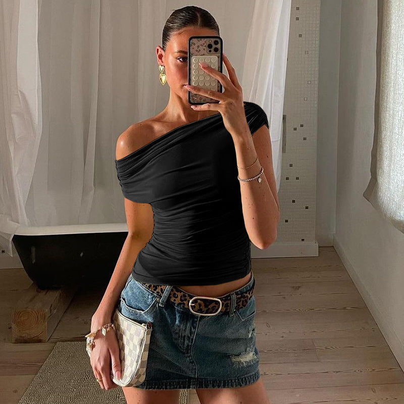 Street Simple Graceful Solid Color Diagonal Collar Top For Women