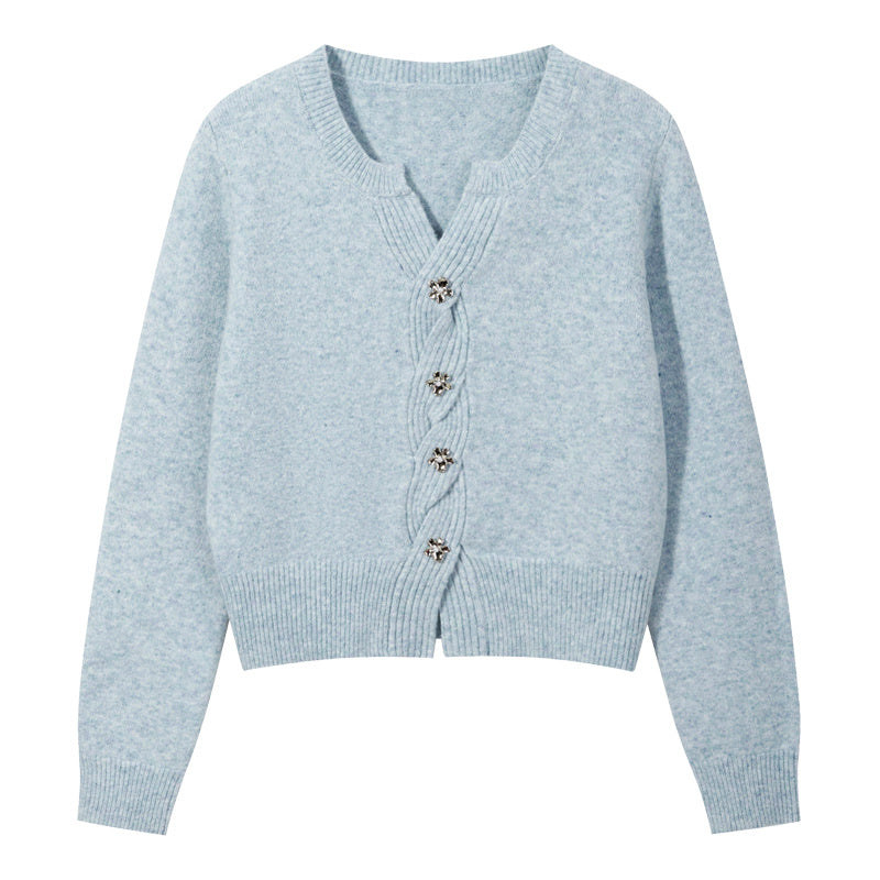 New Bow V-neck Sweater Dignified Sense Of Design Slit Hemline At Hem Short Loose Sweater Women