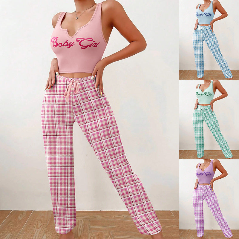 Women's Spring/Summer Casual Pajama Set â€?Sleeveless Letter Print Top and Color-Blocked Plaid Pants