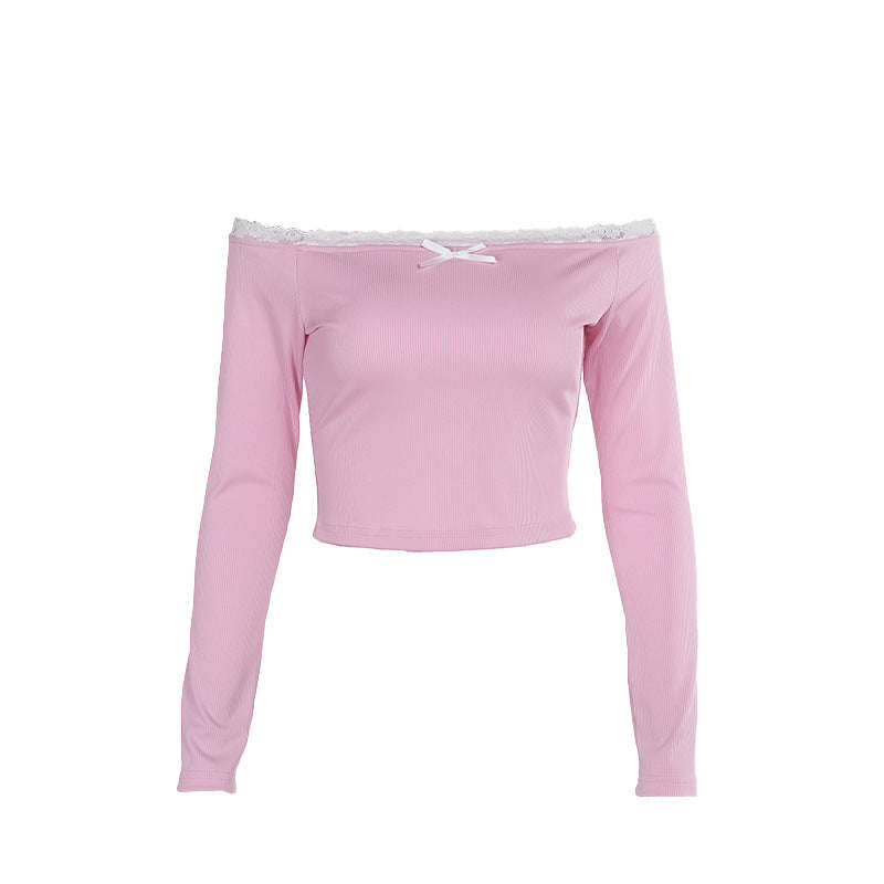 Off-shoulder Lace Edge Long-sleeved Top Ins Pure Desire Style Fashion Short Bow T-shirt For Women
