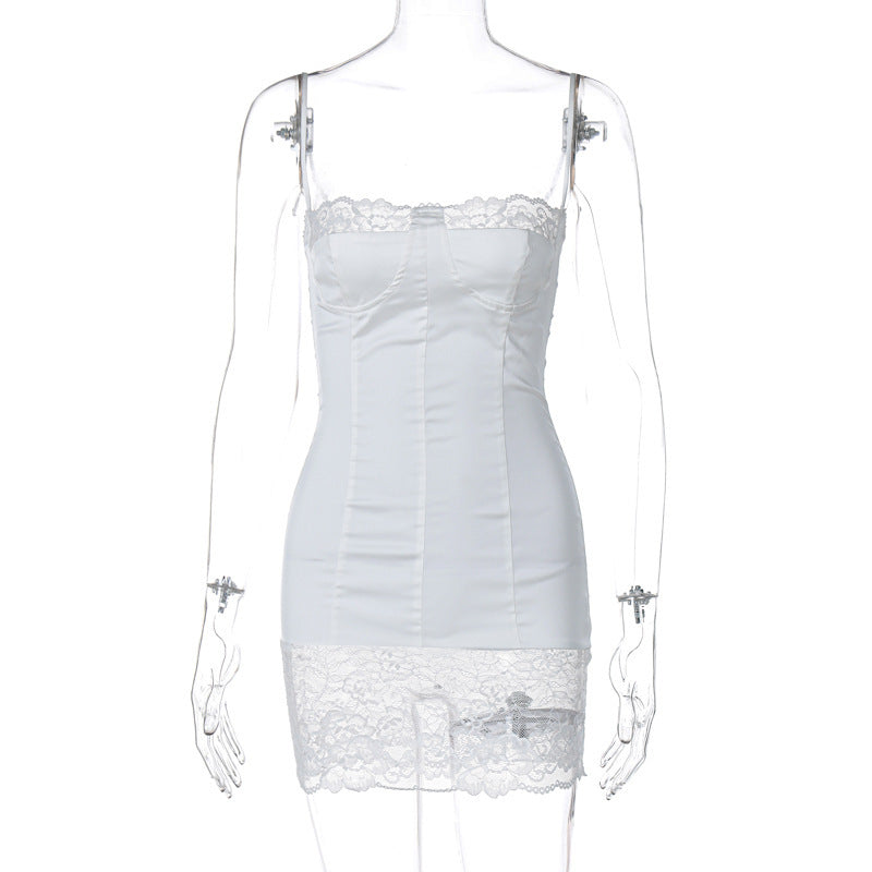 Lace Stitching Sexy Hot Girl Tight-fitting Cinched Hip Spaghetti Straps Dress