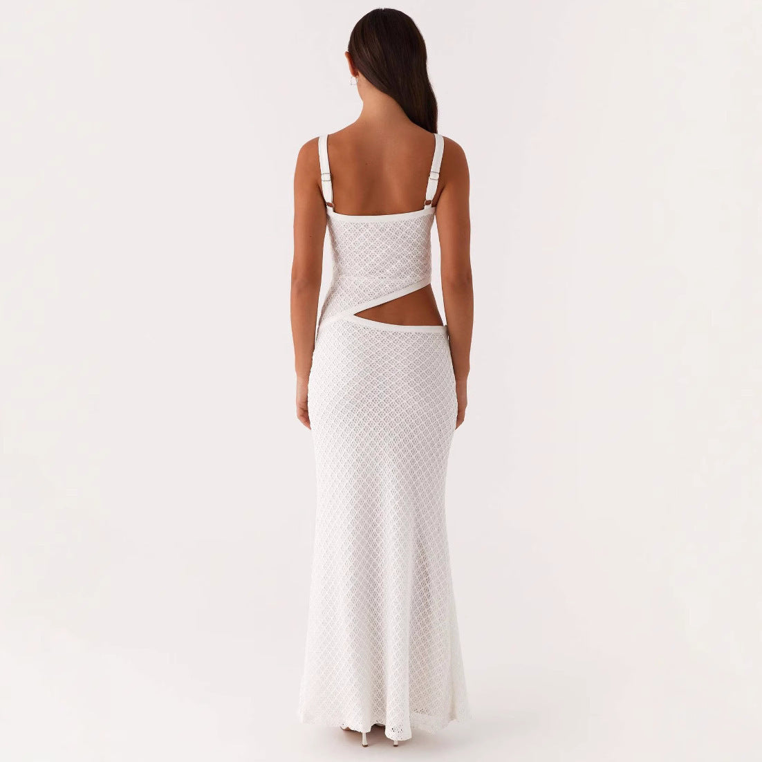 Fashionable, Elegant And Sexy Sling Solid Color Hollow Mesh Dress