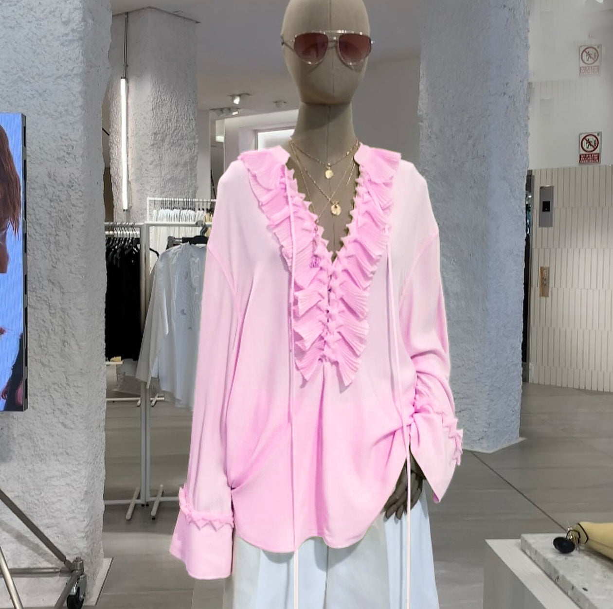 Pleated Lace Collar Top Court Long Sleeve