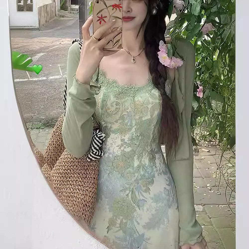 Retro Jacquard Dress Women's Summer Cardigan Suspender Skirt Two-piece Set