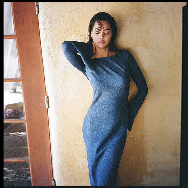 Women Blue Silk Long Sleeve Long Dress Sun Protection Vacation Style