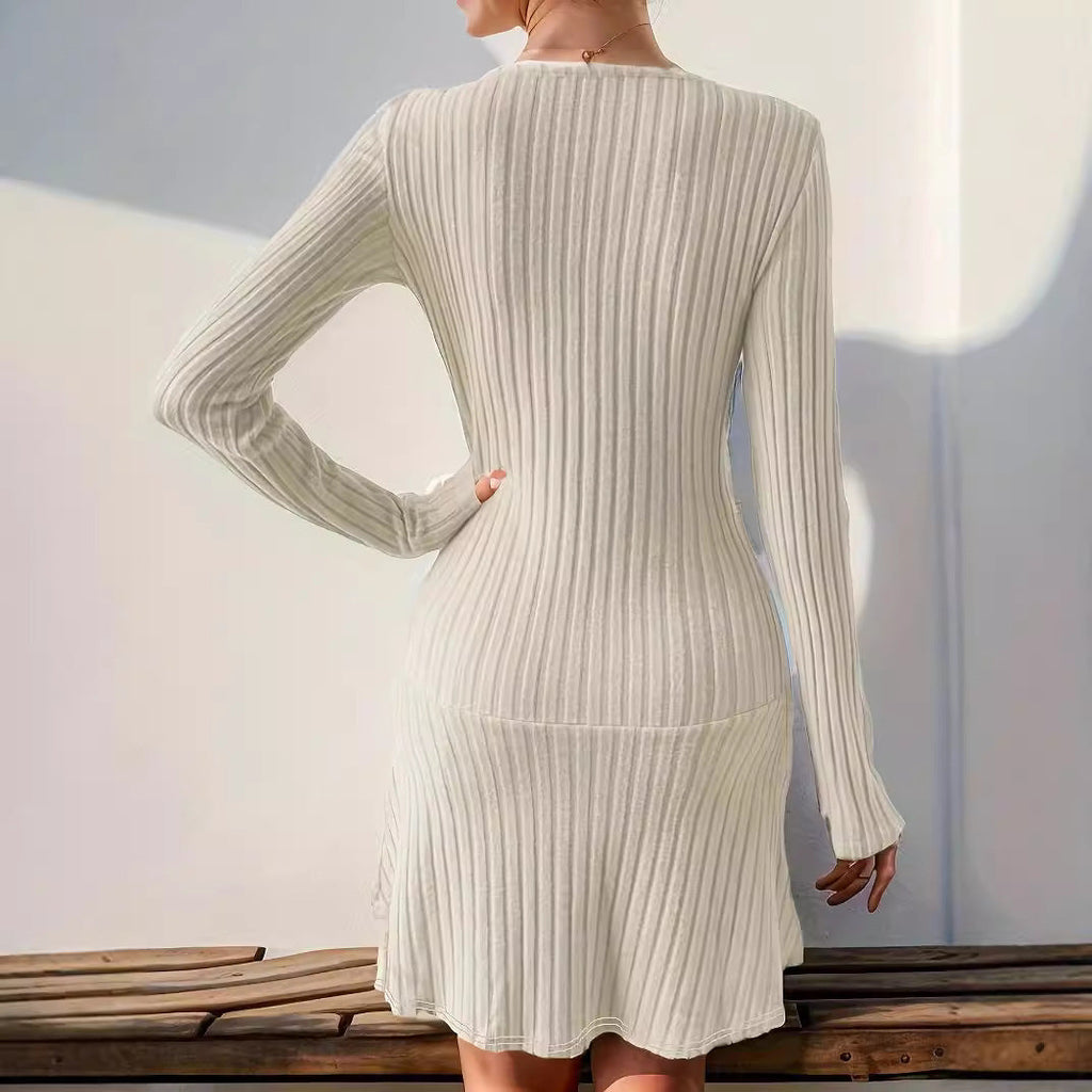Fashion Solid Color Waist Tight Long Sleeve Dress