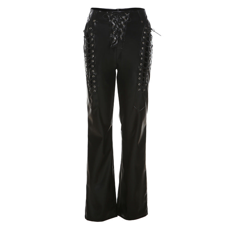 Women's High Waist Hollow-out Strap Straight Ankle Tied Leather Pants
