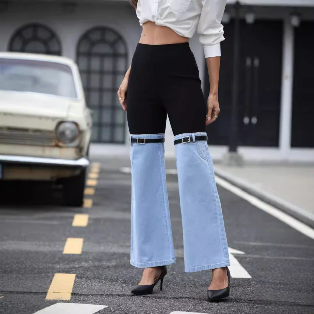 Fashion Slim Knit Denim Stitching Elastic Waist