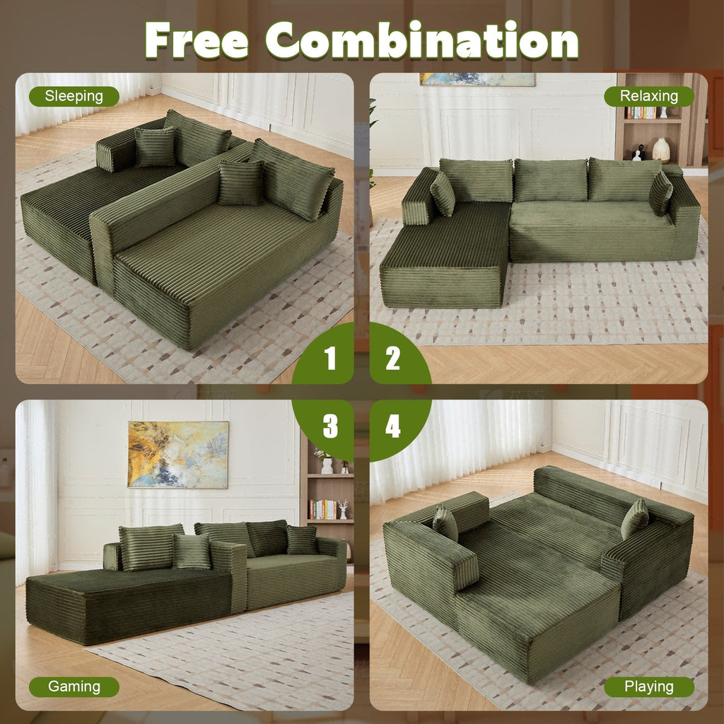 L-Shaped Compression Sofa Bed With Corduroy Fabric - Convertible Sectional Sofa, Foldable Floor Couch Sleeper, Space-Saving Flannel-Like Lounge