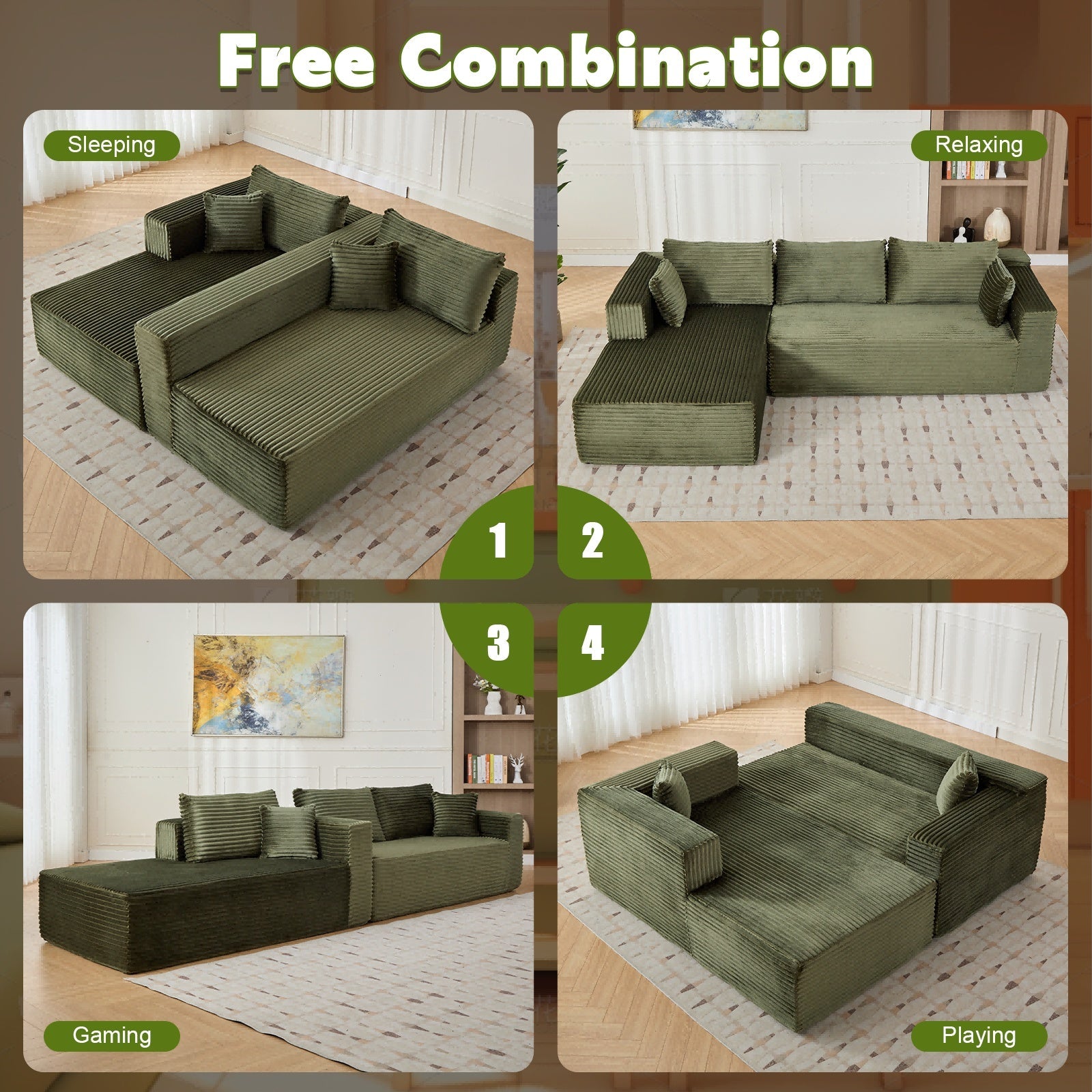 L-Shaped Compression Sofa Bed With Corduroy Fabric - Convertible Sectional Sofa, Foldable Floor Couch Sleeper, Space-Saving Flannel-Like Lounge