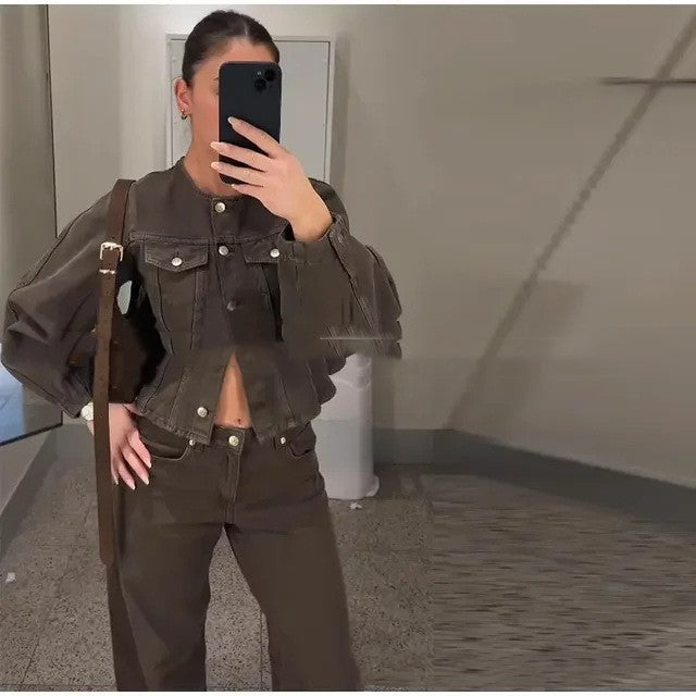 Single-breasted Denim Suit Wide-leg Pants