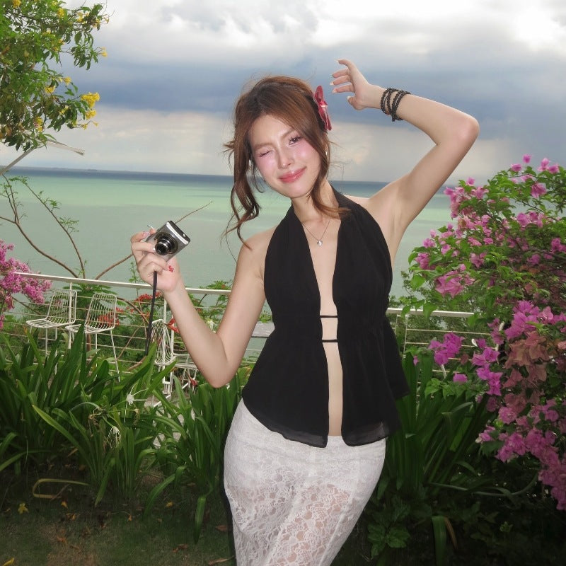 New Fashion Solid Color Lace-up Hollow Slim Halter Top