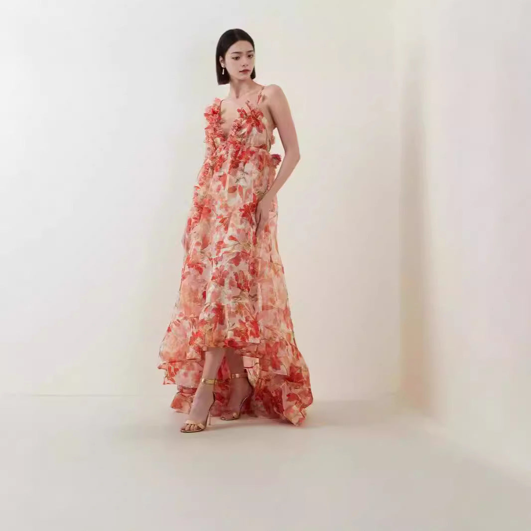 Off-the-shoulder V-neck Women's Clothing Spaghetti-strap Floral Print Long Large Hem Dress