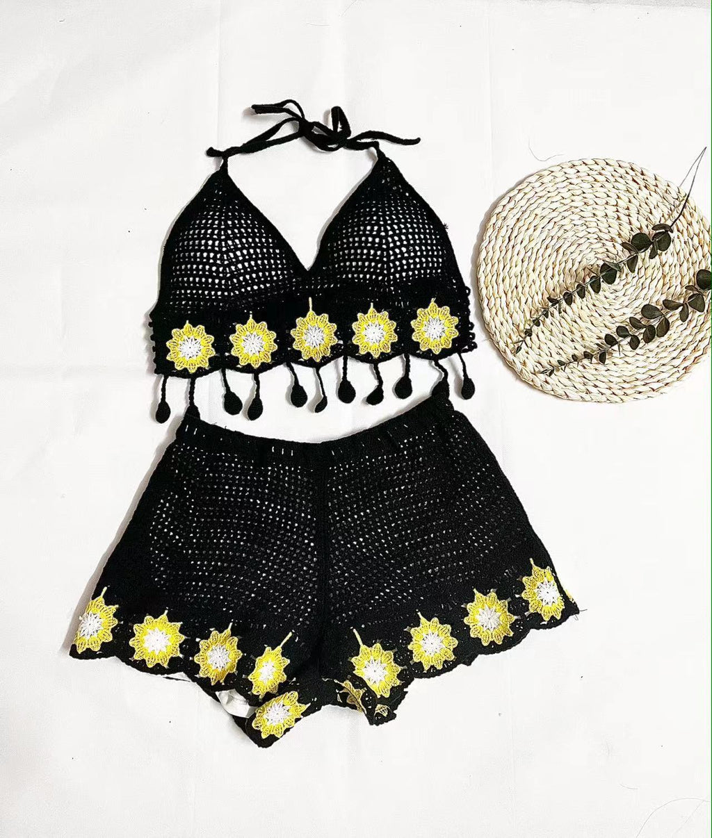 Vacation Style Woven Cutout Sling Slimming Shorts Suit