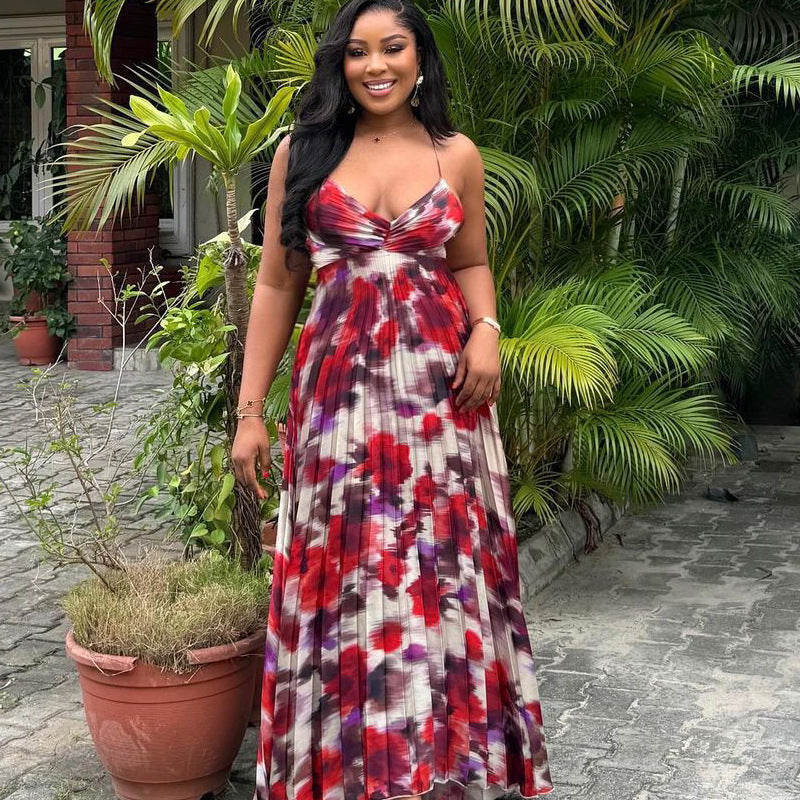 Printed Pleated Suspender Long Skirt