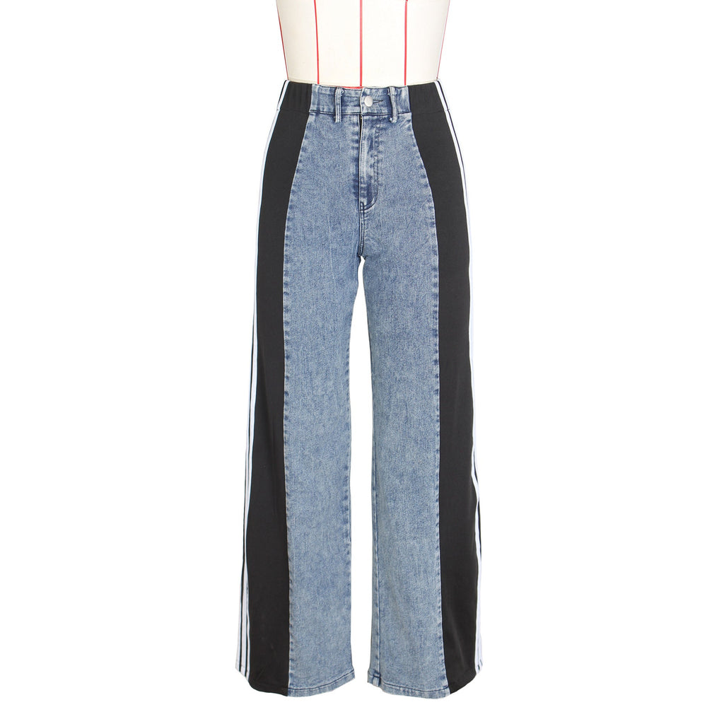 Fashion Casual High Waist Elastic Straight Leg Trousers Three Stripe Patchwork Denim Wide Leg Pants Streetwear