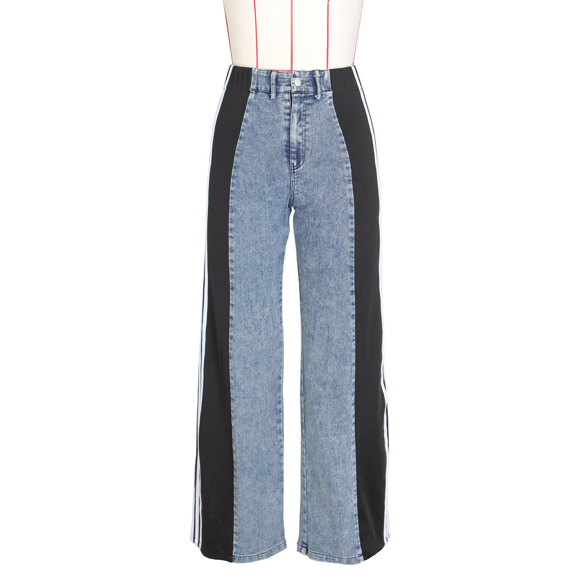 Fashion Casual High Waist Elastic Straight Leg Trousers Three Stripe Patchwork Denim Wide Leg Pants Streetwear