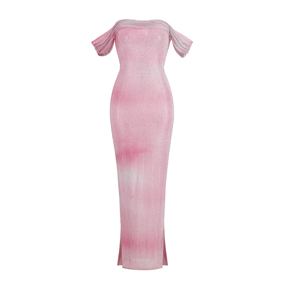 Sexy Off-the-shoulder Tube Top See-through Hot Drilling Mesh Dress