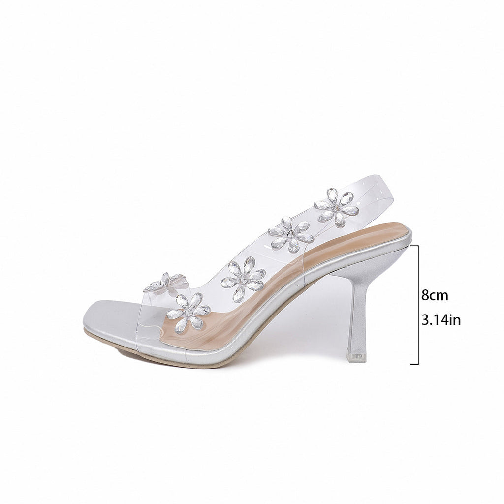 Women Summer Transparent PVC Rhinestone Flowers Slingback Pumps Elegant Square Toe Female Sexy High Heels