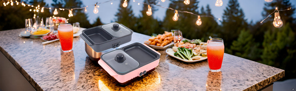 Mini Hot Pot and Grill Combo, Available in Pink, Blue, and White,2-in-1 Mini Hot Pot and Grill for Home Cooking
