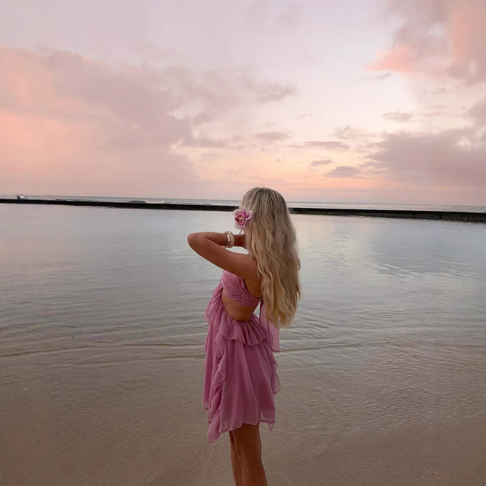 Corsage Lace 3D Fashion Pleated Strapless Dress