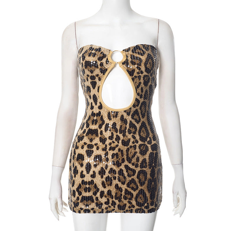 Leopard Print Sequins Slim Fit Tube Top Backless Dress