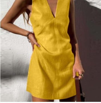 V-neck Cotton And Linen Sleeveless Dress Women's Solid Color Dress