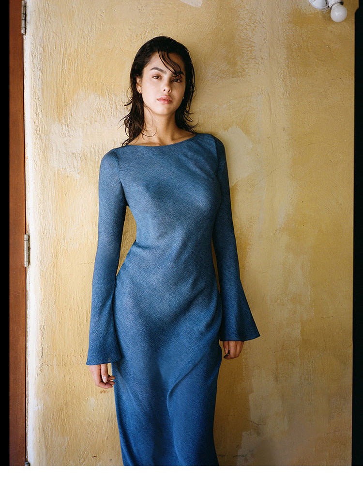 Women Blue Silk Long Sleeve Long Dress Sun Protection Vacation Style