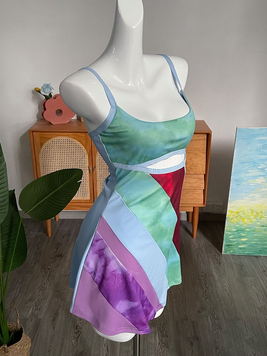 Sexy Y2K Aesthetic Patchwork Front Cut Out Stripe Spaghetti Strap Dress
