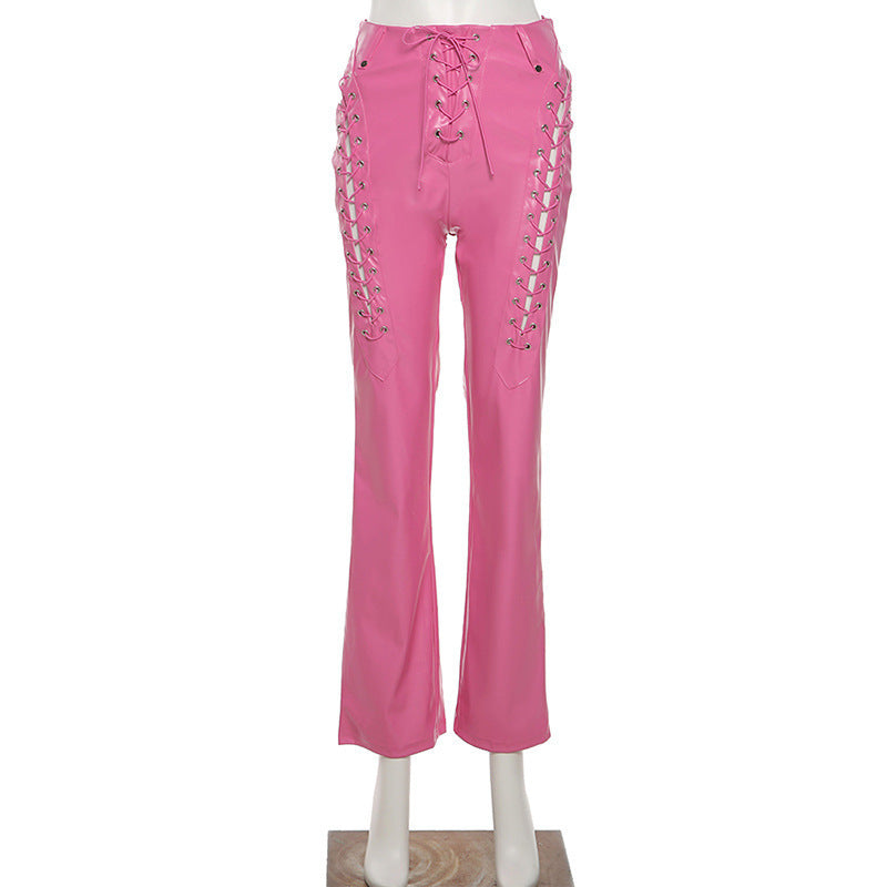 Women's High Waist Hollow-out Strap Straight Ankle Tied Leather Pants