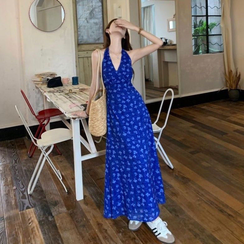 French Blue Floral Strap Dress Summer