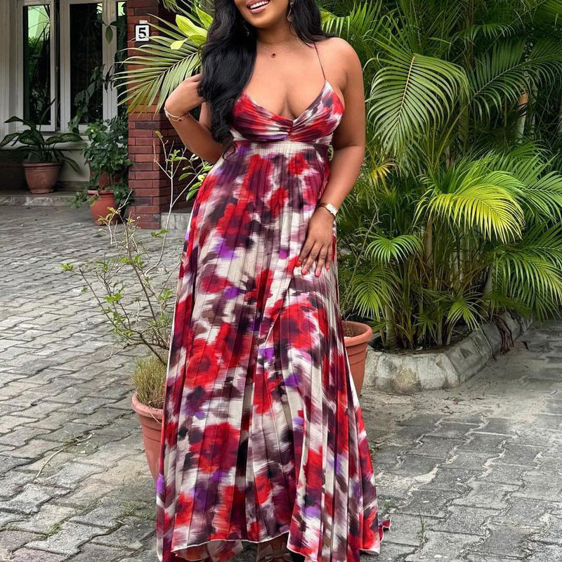 Printed Pleated Suspender Long Skirt