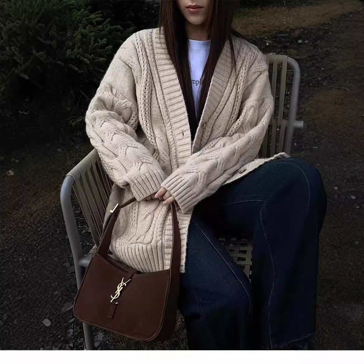 Solid Color Cable-knit Sweater Knitted Cardigan Jacket