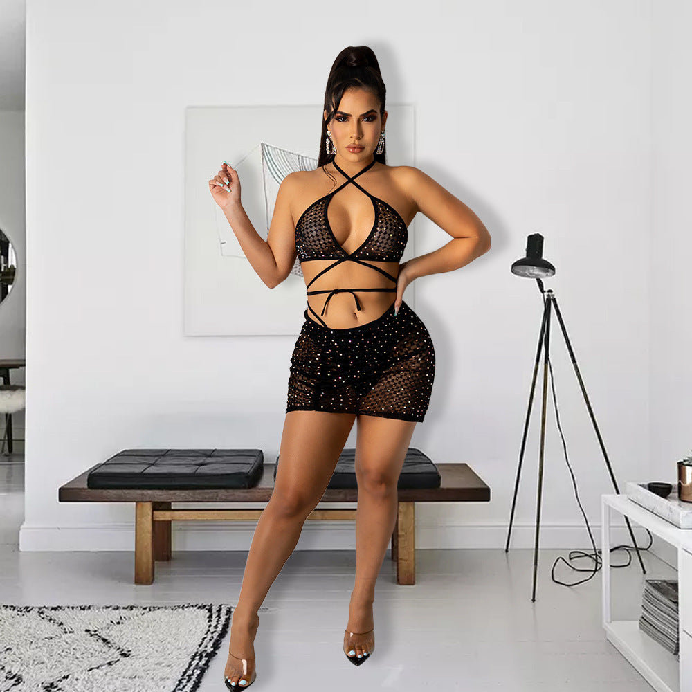 Sexy 2 Piece Set Bling Rhinestones Sheer Mesh Ruched Mini Skirts Outfit