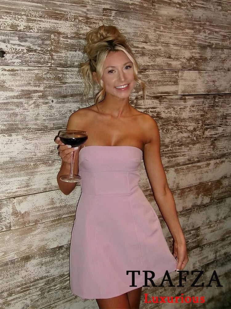Sexy Chic Pink Women Dress Strapless Bow A-Line Mini Dress