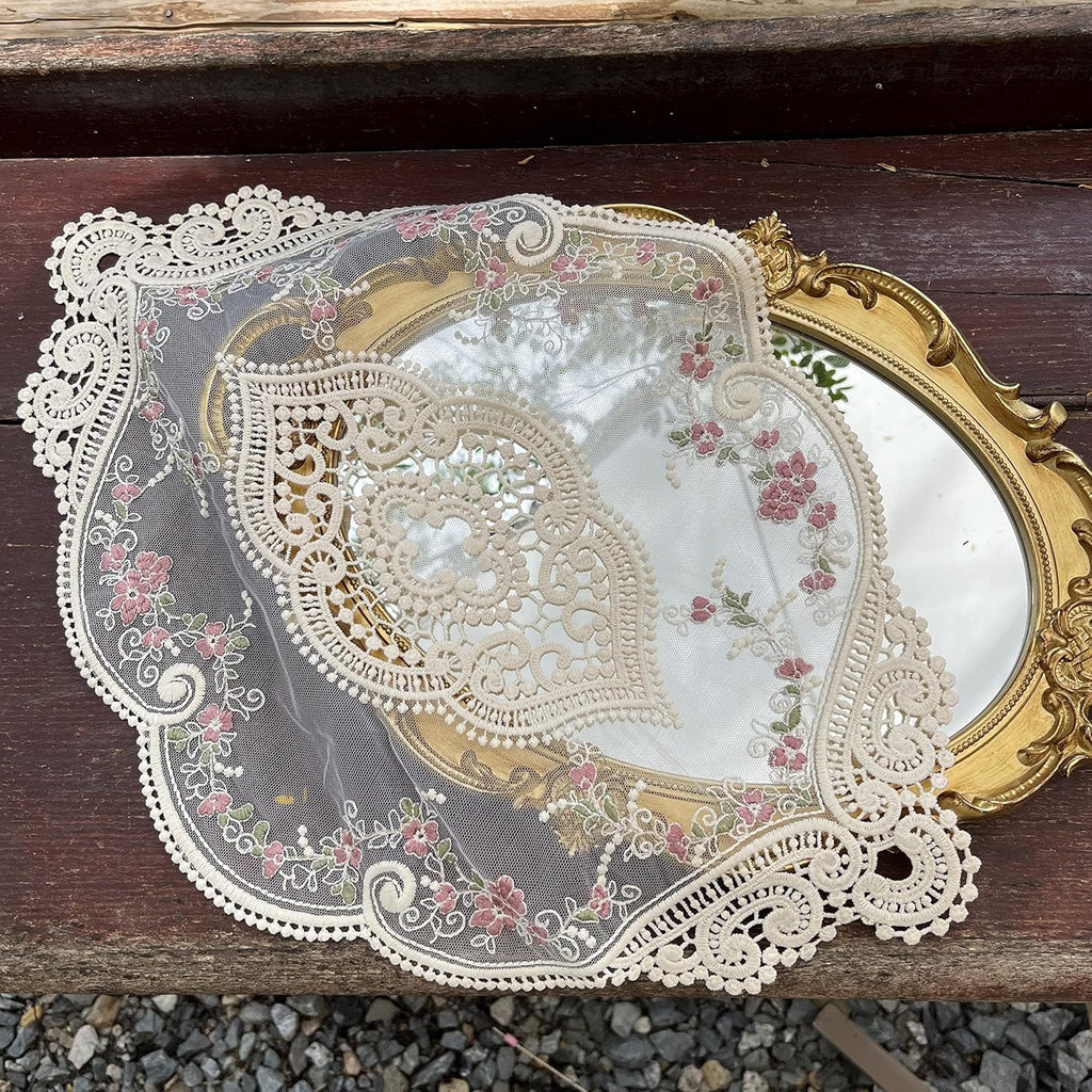 Vintage Beige Oval Lace Table Placemats, Exquisite Flower Embroidered Doilies Vase Mat, 12 X 18 Inch