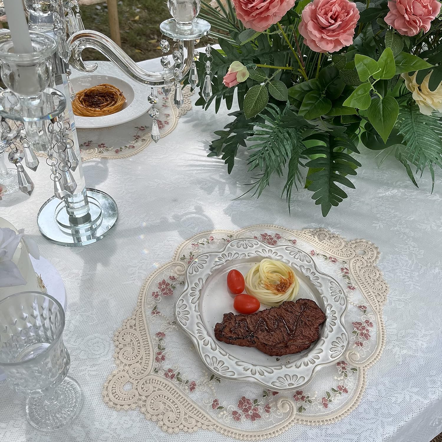 Vintage Beige Oval Lace Table Placemats, Exquisite Flower Embroidered Doilies Vase Mat, 12 X 18 Inch